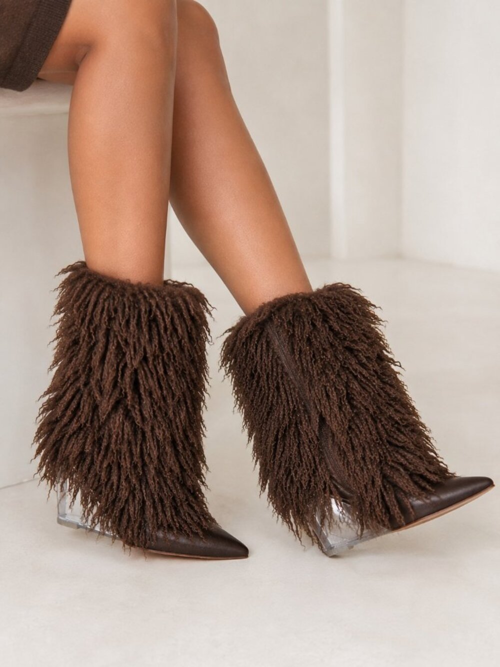 Women’s Shaggy Faux Fur Boots Pointed Toe Clear Wedge Heel Statement Boots - Picture 2 of 3